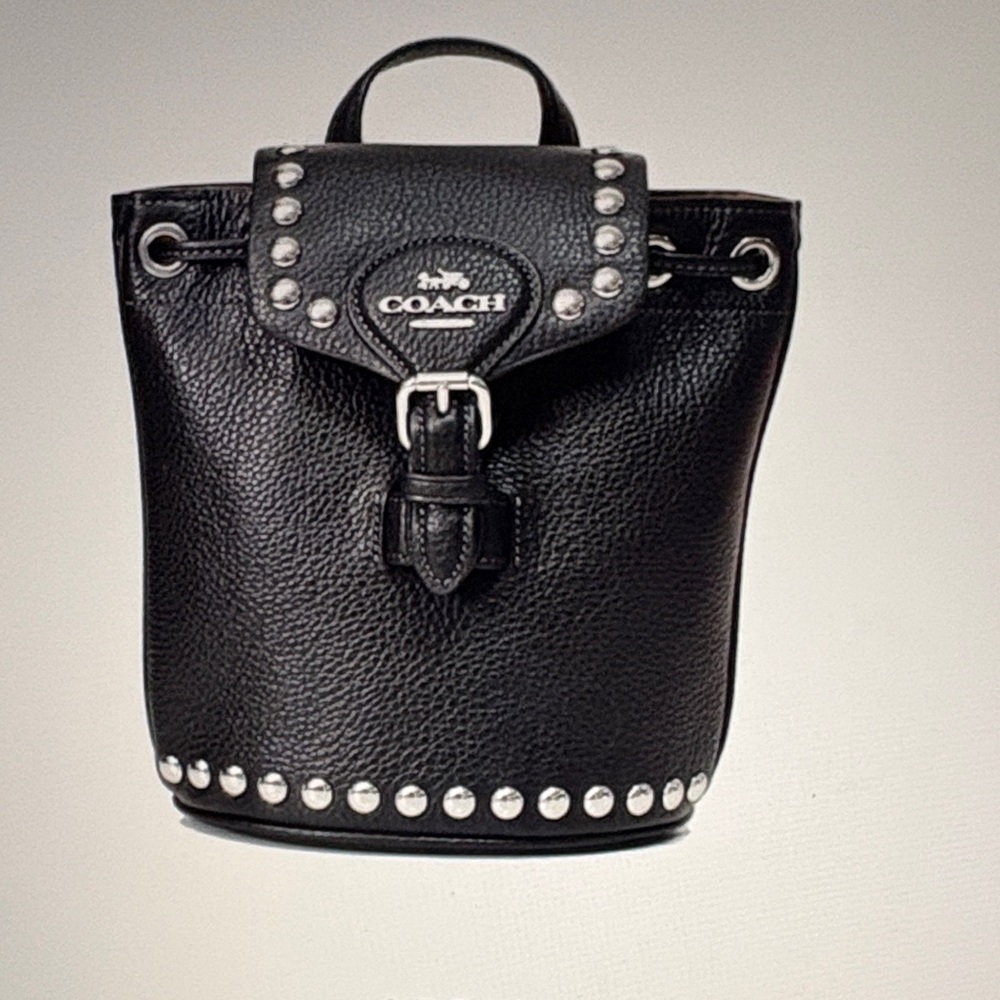 Coach Black Pebbles Leather Studded Drawstring Backpack with Silver Accents - Picture 9 of 11